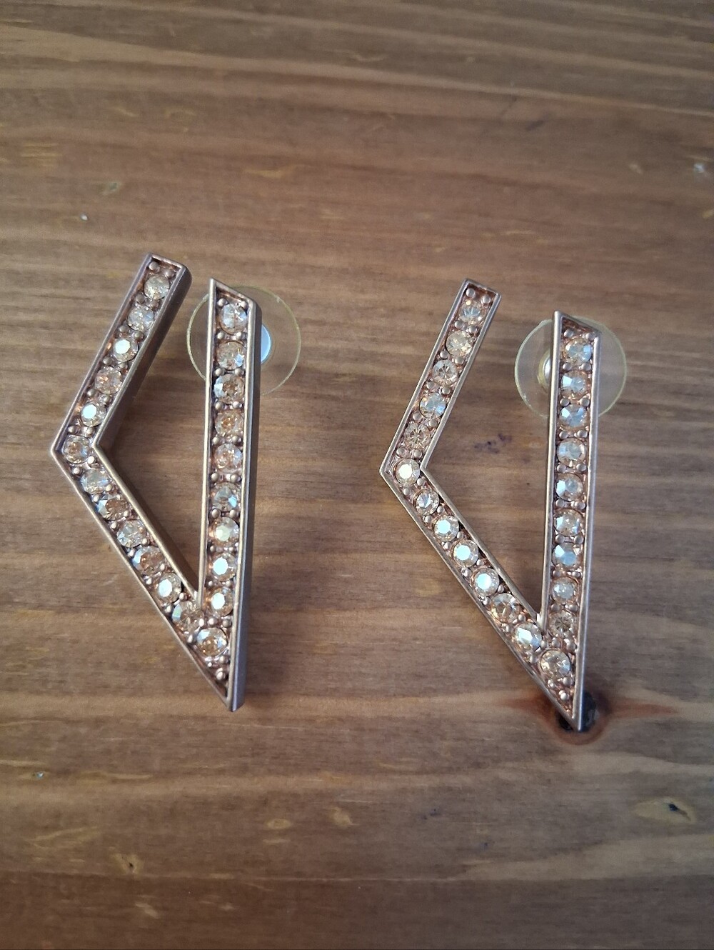 St. John Vintage Triangle Cluster Earrings Copper Color With Rhinestones